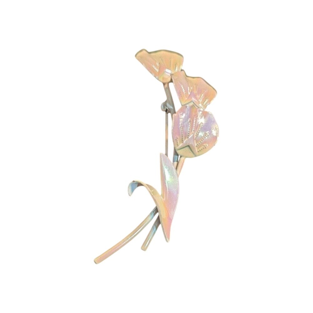 Vintage Iridescent Pearl Finish Triple Flower Brooch Mid Century Floral Pin 3.5" - Picture 1 of 8